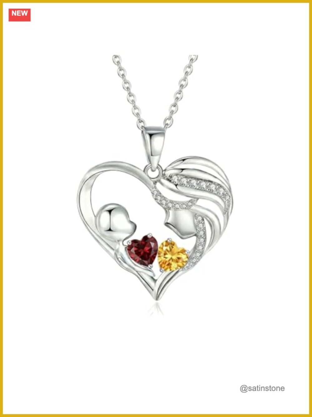 2-Stone Birthstone Heart Pendant Necklace 18k White Gold Plated